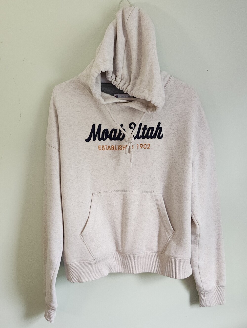 Champion MOAB UTAH 3D Embroidered Front Logo Oatmeal Cropped Hoodie Size Medium